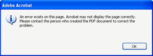 Screenshot: Acrobat error message for damaged document