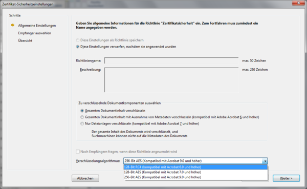 Screenshot: Zertifikatsicherheit in Acrobat mit Auswahl des PDF-Verschlüsselungsalgorithmus unten