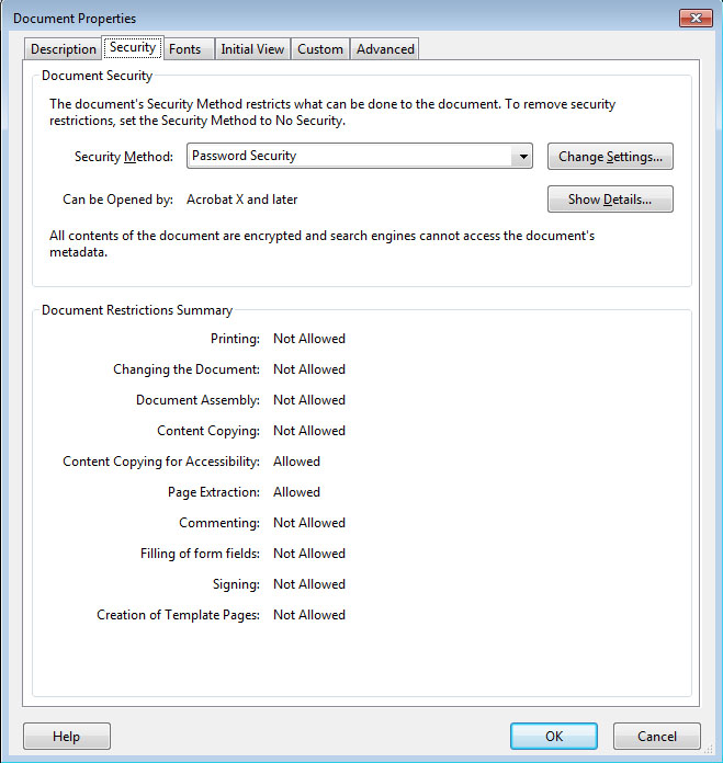 Screenshot: Viewing certificate security settings and permissions in Acrobat