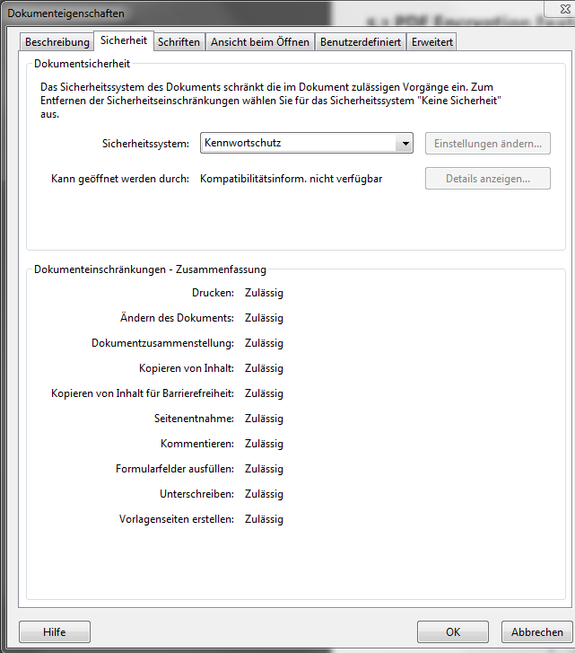 Screenshot: Anzeigen von Zertifikatsicherheit und Berechtigungen in Acrobat